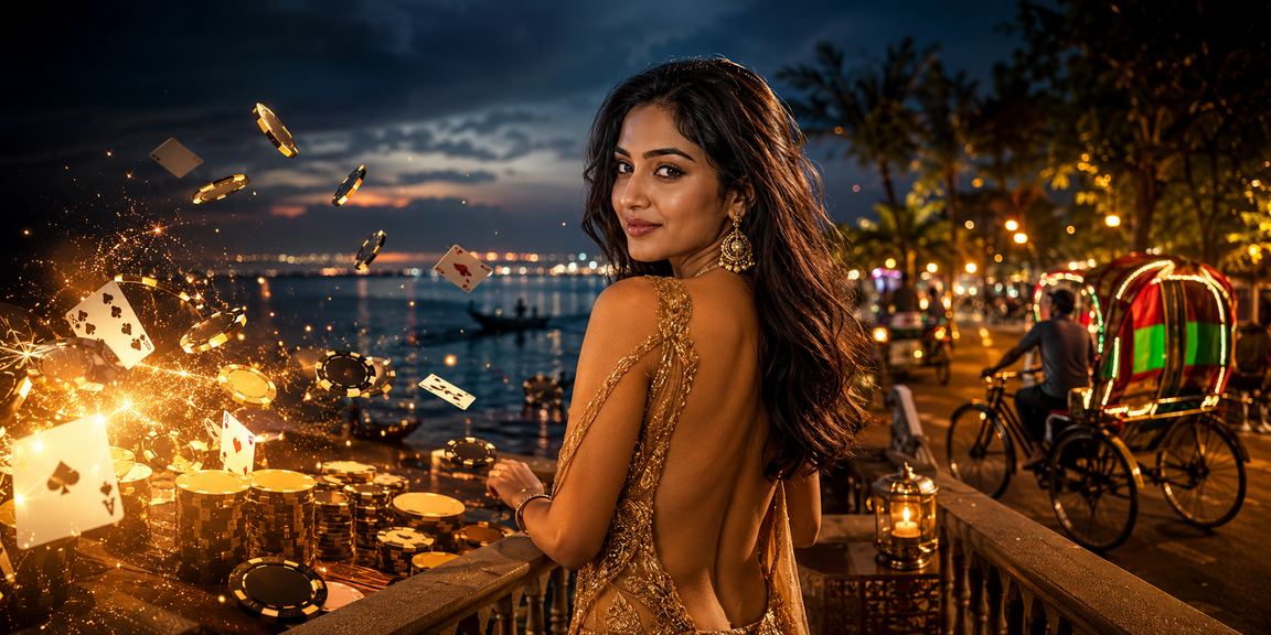 A Bangladeshi player enjoying a poker game with a beach backdrop in Dhaka